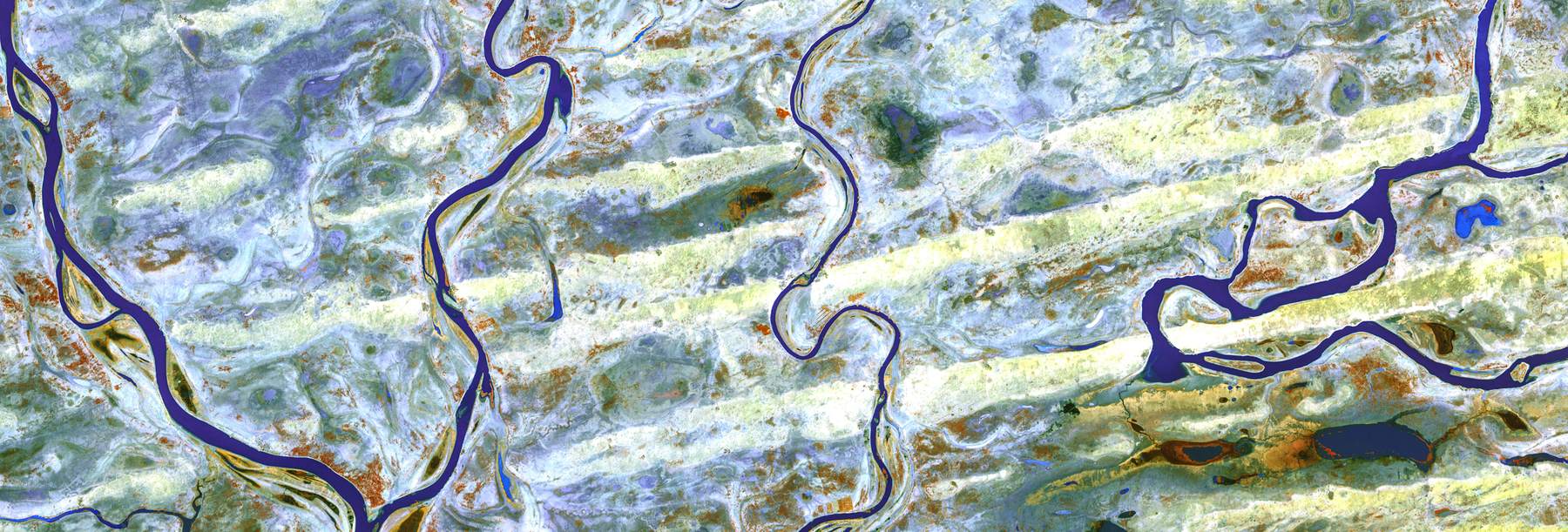 False-color aerial image of meander scars across a floodplain.